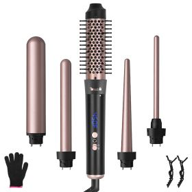 5 in 1 Curling Wand Hair Curling Iron Brush Hair Thermal Brush Curler with 4 Heating Levels 360° Rotatable Cable 5 Interchangeable Barrels 2 Clips Lea