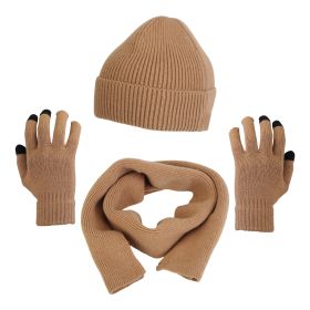 Winter Knitted Hat Scarf Gloves 3Pcs Winter Warm Beanie and Touch Screen Gloves Long Neck Scarf Set Knit Beanie Skull Cap Neck Warmer Anti-Slip Mitten (Option: Khaki)