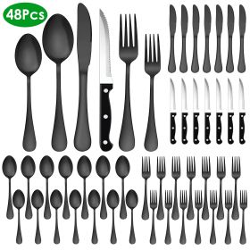 48-Piece Silverware Set Stainless Steel Flatware Cutlery Set Tableware Eating Utensils for 8 with Knife Fork Spoon Dishwasher Safe for Home Kitchen Re (Option: Black)