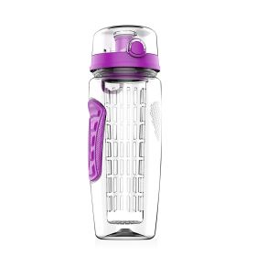 Fruit Infuser Water Bottle 32OZ Juice Shaker Sport w/ Flip Top Lid Anti-Slip Grips For Office Home Sport Running Walking Hiking (Option: Purple)