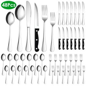 48-Piece Silverware Set Stainless Steel Flatware Cutlery Set Tableware Eating Utensils for 8 with Knife Fork Spoon Dishwasher Safe for Home Kitchen Re (Option: Silver)