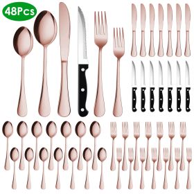 48-Piece Silverware Set Stainless Steel Flatware Cutlery Set Tableware Eating Utensils for 8 with Knife Fork Spoon Dishwasher Safe for Home Kitchen Re (Option: RoseGold)